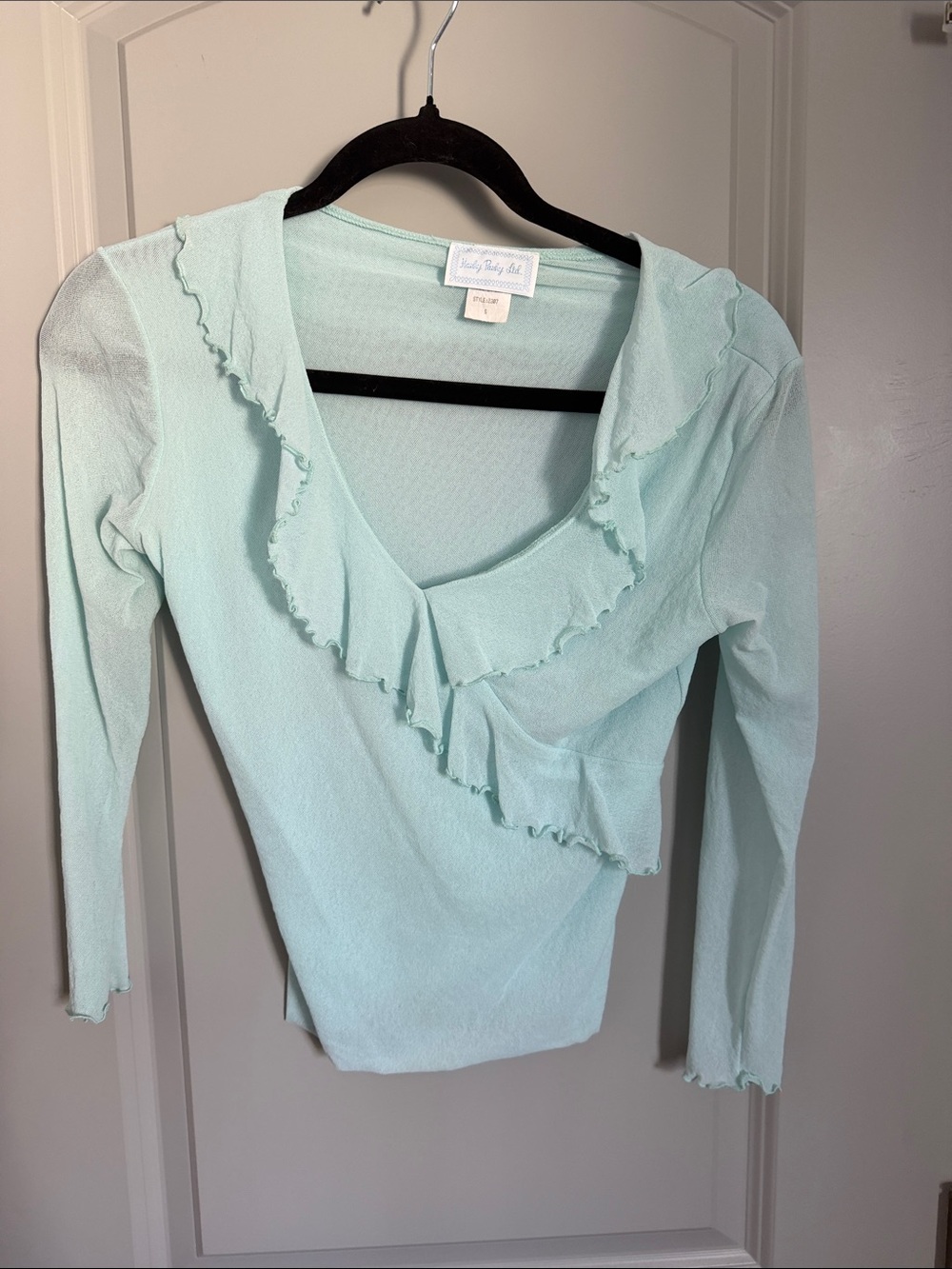 Hanky Panky Light Mint blue Ruffle faux Wrap Long Sleeve Top